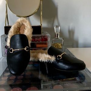 Faux Leather and Fur Mules